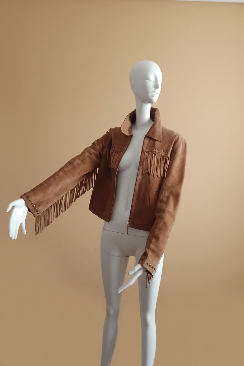 Veste daim camel franges fond beige