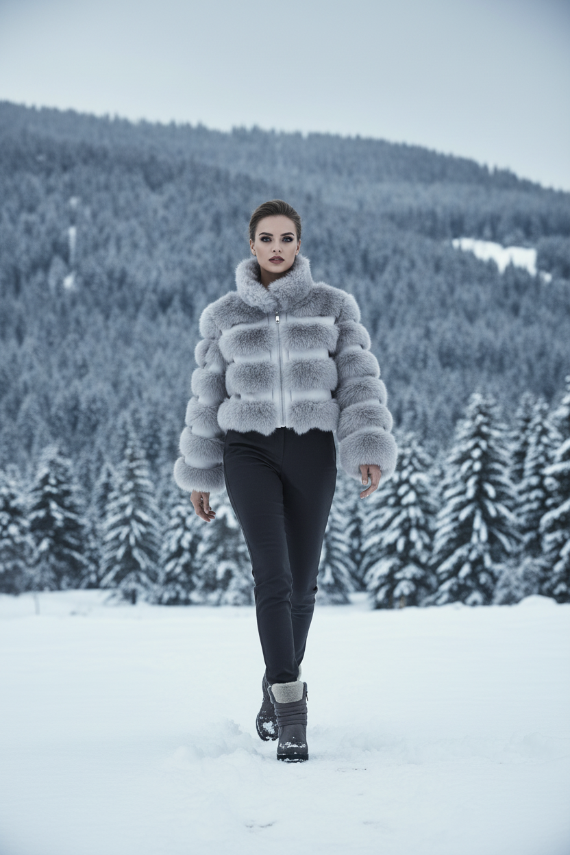 Veste fourrure grise - paysage alpin