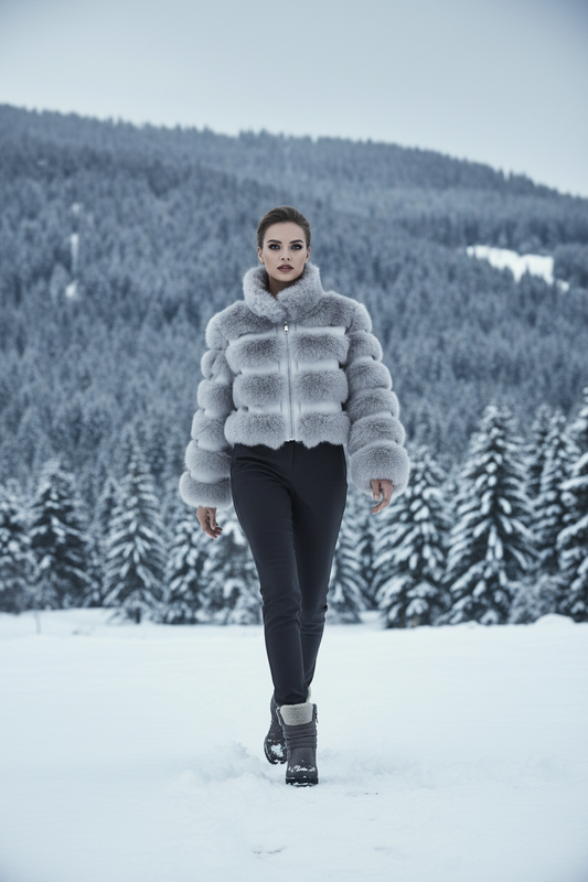 Veste fourrure grise - paysage alpin