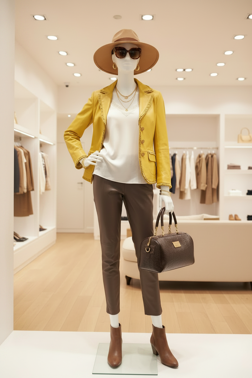 Sac bowling Silvio Tossi porté par mannequin — legging cuir taupe, veste jaune tournesol et top soie blanc