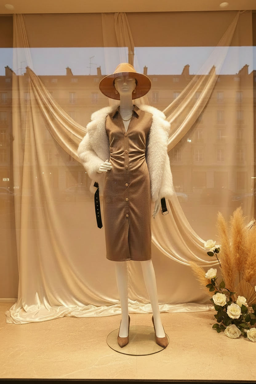 Vitrine robe taupe fausse fourrure sans texte
