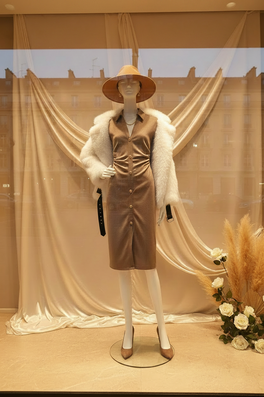 Vitrine robe taupe fausse fourrure sans texte