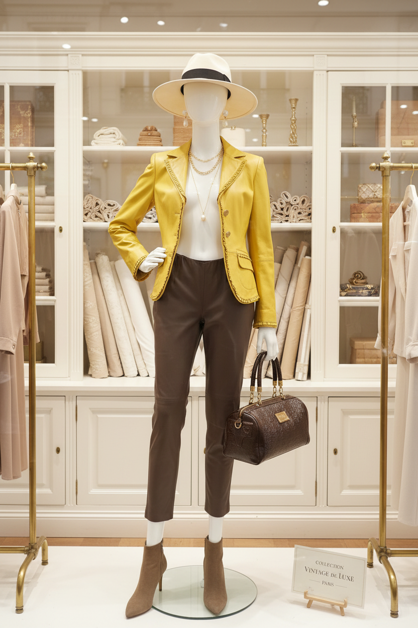 Sac bowling Silvio Tossi porté par mannequin — legging taupe et veste cuir jaune tournesol