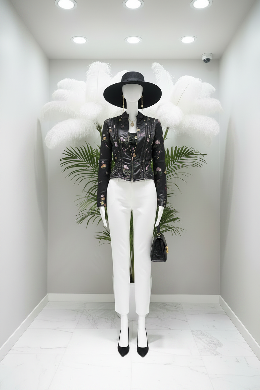 Vitrine veste brocart sac Lancaster plumeaux
