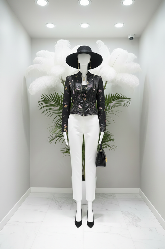 Vitrine veste brocart sac Lancaster plumeaux